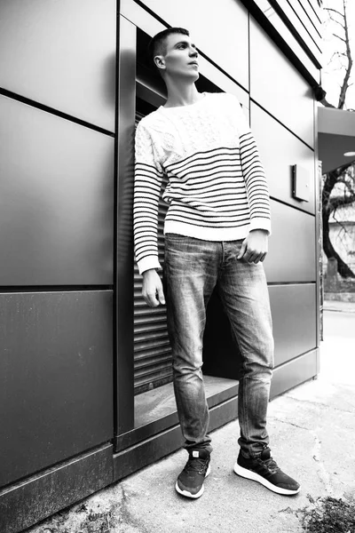 Fashion photo of young model man on street. Boy posing. Black and white — Stock Photo, Image