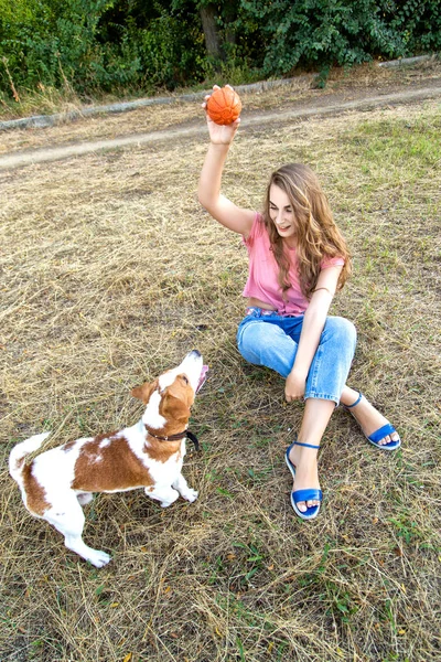 Nettes Mädchen spielt mit ihrem Hund im Park — Stockfoto