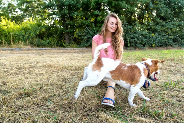 Nettes Mädchen spielt mit ihrem Hund im Park — Stockfoto