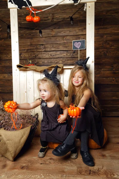 Dos hermanitas con disfraces de brujas sentadas en una calabaza. El concepto de Halloween — Foto de Stock