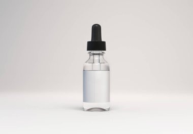 Beyaz arka planda pipeti olan bir şişe. 3D oluşturma maketi