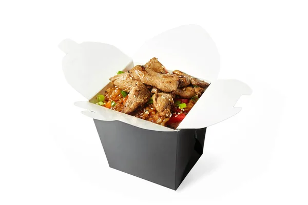 Gray Box Thai Rice Wok Pork Isolated White Background — Stock Photo, Image