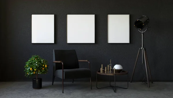 Black living room. Interior design. 3d rendering