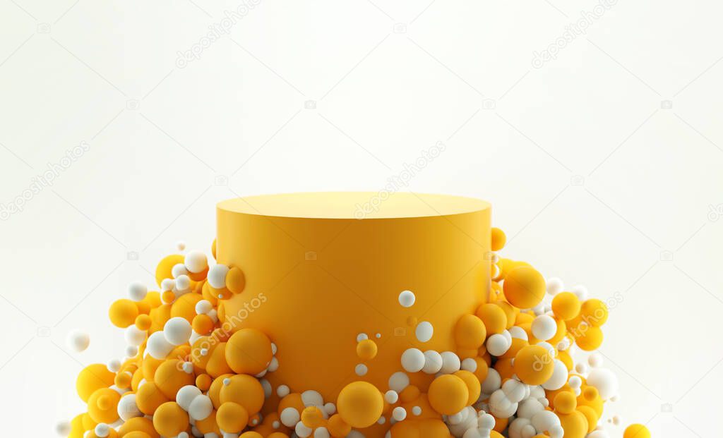 Abstract background of white and yellow balls with cylinder. 3d render illustration. Product presentation