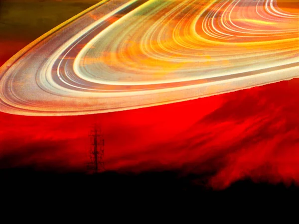 Station and saturn ring light over dark sky