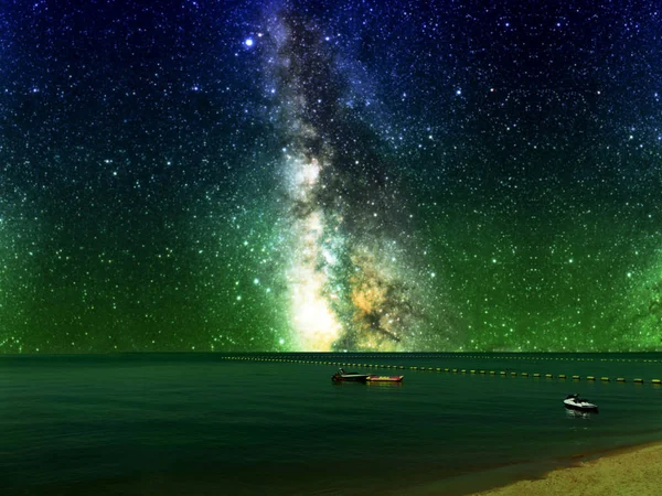 Галактика і човен і банановий човен біля бар'єру на морі — стокове фото