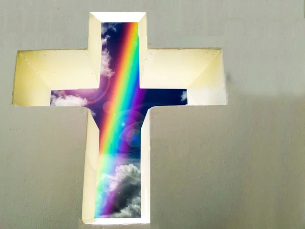 Cross wall and rainbow bless of god on wall and text space