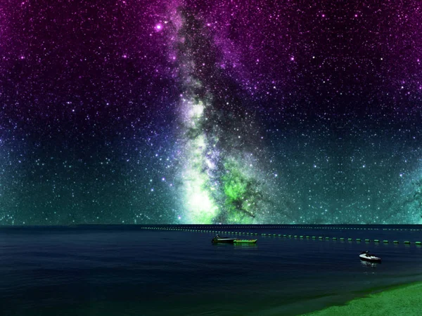 Galaxy purple sky and banana boat near barrier on sea — Stock Photo, Image