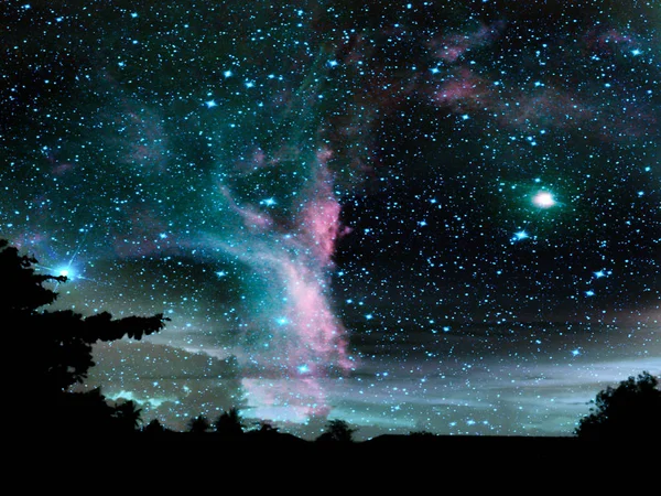 Галактика в нічному темно-синьому небі і силуетне дерево — стокове фото