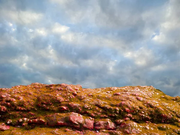 Χάλκινο βρύα στο σκοτεινό ουρανό βουνό πετρών γρανίτη — Φωτογραφία Αρχείου