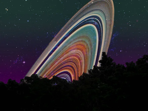 Árvore de silhueta de anel de saturno no céu noturno floresta — Fotografia de Stock