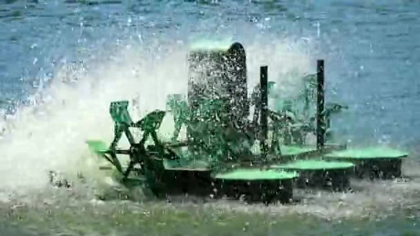 涡轮机在水面上旋转，以增加氧气并调节水况 — 图库视频影像