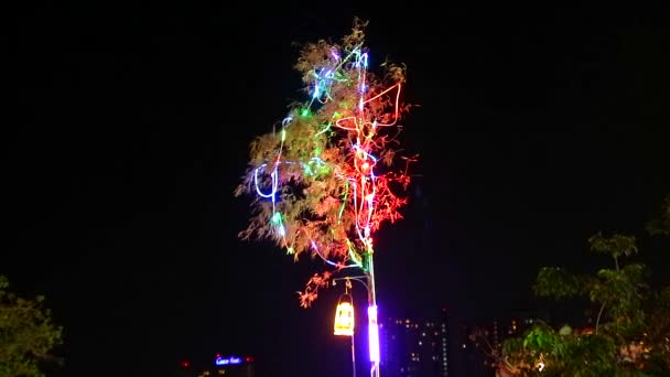 Στεγνό μπαμπού ήταν διακοσμημένο με ουράνιο τόξο φως κατά τη διάρκεια του χορτοφαγικού Φεστιβάλ είναι έπαινος και ευλογία από τους θεούς — Αρχείο Βίντεο