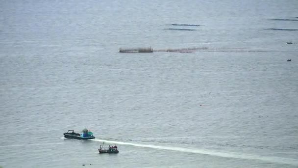 Fishing boat sailed at sea to search for fish and seafood pasing the oyster farm — Stock Video