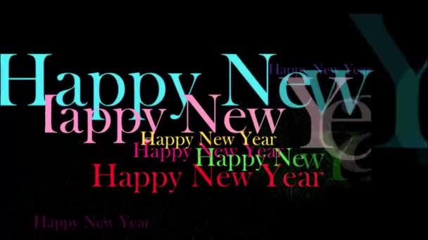 Firework and colorful happy new year text black background — Stock Video