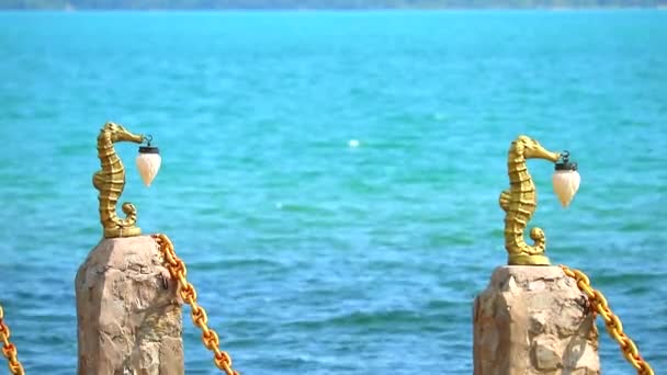 Két kő kerítés és tengeri ló lámpa és kék tenger háttér — Stock videók