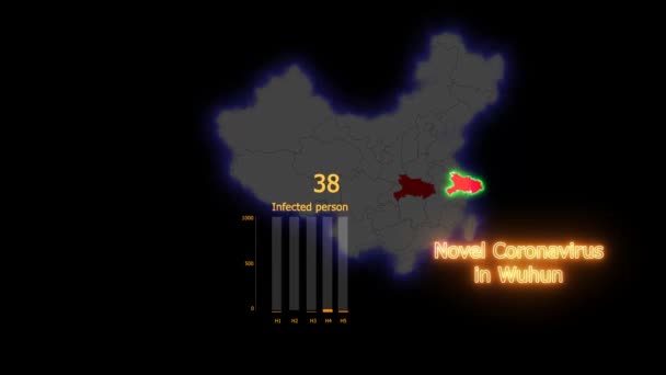 Wuhun Coronavirus från världskarta till porslin och välj Wuhun distriktet och skicka uppmuntran att hjälpa text1 — Stockvideo