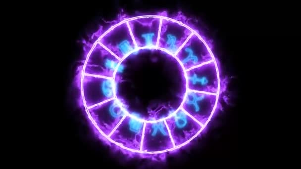 ゾディアックサークルは炎の点滅円を回転させる両方が表示され、消え、すべて12星座と名前 — ストック動画