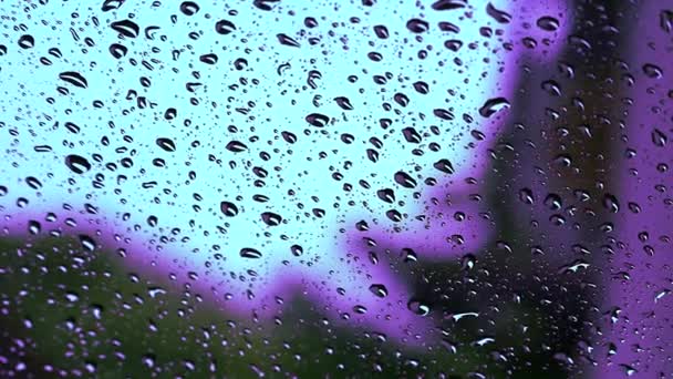 Chuva cair roxo no espelho do carro, chuva pesada fora Fazendo com que o motorista para estacionar no lado da estrada — Vídeo de Stock