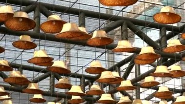 Yapraktan yapılmış şapka tavanda lamba olarak kullanılıyor.