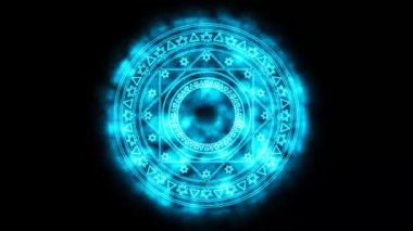 magic star hexagon sign blue flame energy around black screen