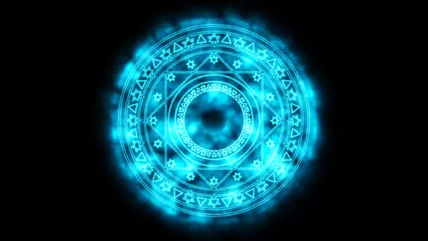 Magic star hexagon sign blue flame energy around black screen — 图库视频影像