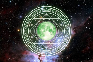 pink moon in magic six star green energy rotate slow appear galaxy background, Elements of this image furnished by NASA clipart