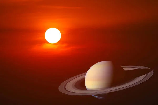 Закат Неба Обратно Красном Облаке Colse Колец Сатурн Планеты Элементы — стоковое фото
