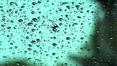 Arabanın aynasında yağmur damlası ve bahçede park eden sürücü.