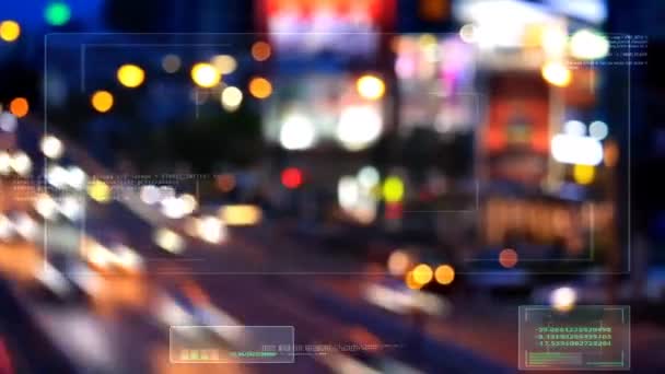 Pan para el tráfico de hora punta durante el cruce del puente está lleno de muchos coches en la noche y el análisis digital AI — Vídeo de stock