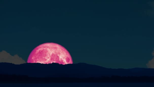 4k Σούπερ ροζ φεγγάρι αυξάνεται πίσω στο νησί σιλουέτα στο νυχτερινό ουρανό — Αρχείο Βίντεο