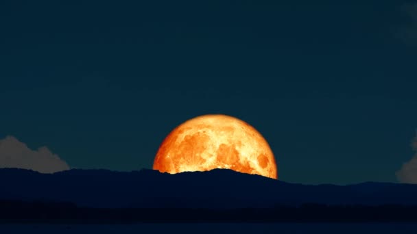 4k Супер місяць крові піднімається назад на острів силует на нічному небі — стокове відео
