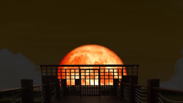 4k Super luna de sangre subir de nuevo en el puente de silueta en el cielo nocturno — Vídeo de stock