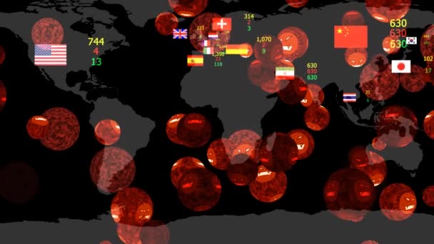 Covid 19 bola del virus se ha extendido por todo el mundo, prevenir y número de muertos infectados recuperar y detener el texto — Vídeos de Stock