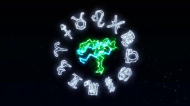 Zodiac dairesi dönerek gri büyür. Kırpma hem görünür hem de kaybolur. 12 burç ve isim kıvılcım efektini göster.