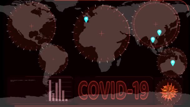 Radar raster scannen naar wereldkaart gedetecteerd van Covid 19 virus in het land is verspreid over de hele wereld — Stockvideo