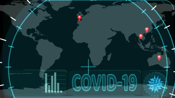 Radar scanning to world map detected of Covid 19 virus in country has spread all over the world — Stock Video