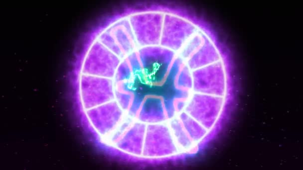 Lingkaran Zodiac berputar tumbuh lingkaran berkedip menunjukkan semua 12 tanda zodiak dan nama efek percikan ungu — Stok Video
