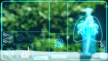 Covid virüs analizi ve dijital grafik çubuğu kenarlık mavi ekran monitörü ve bulanık jel şişe