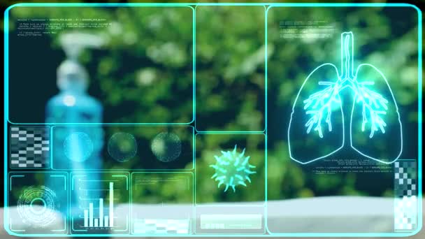 Covid virus analyse en digitale grafiek bar grens monitor wazig tuin en wazige fles — Stockvideo