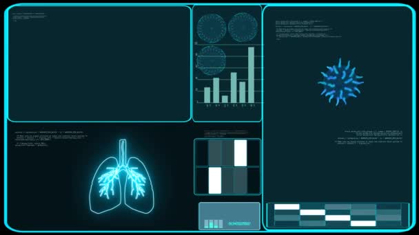 Virus Covid diffondere tutto il mondo di analisi polmone e digitale ruotare zoom monitor blu in America — Video Stock