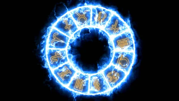 Zodiac Δώδεκα Σημάδι Στο Μπλε Κύκλο Υποδοχή Φλόγα Στη Μαύρη — Φωτογραφία Αρχείου