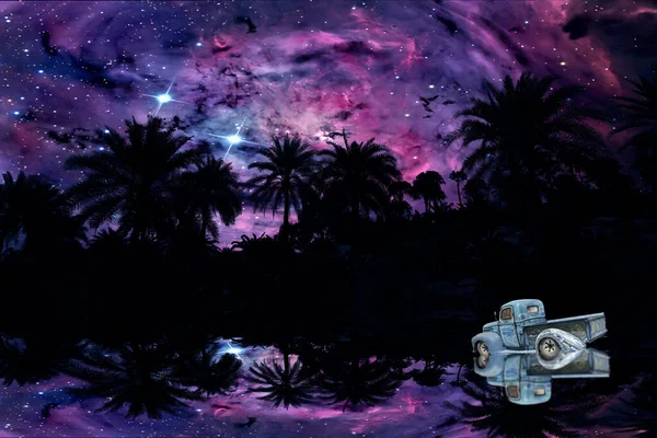 Reflexión Silueta Árbol Seco Campo Coche Nebulosa Cielo Nocturno Elementos — Foto de Stock