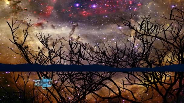 Coche conduciendo en el espejo de agua y nebulosa galaxia reflejo en el lago — Vídeo de stock