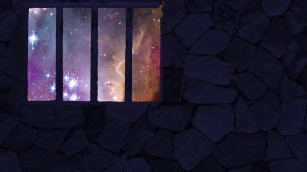 Galaxia pasar atrás silueta ventana y hierro bar1 — Vídeos de Stock