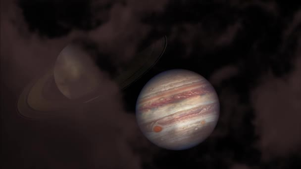 Júpiter y Saturno en el cielo nocturno y la luz naranja nube en movimiento pasan — Vídeo de stock