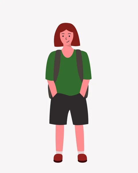 Adolescente escolar chica con camisa verde y pantalones cortos negros . Ilustraciones De Stock Sin Royalties Gratis