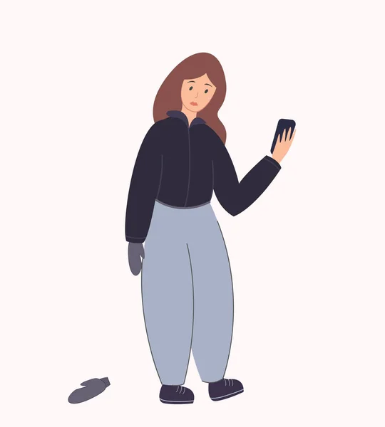 Dívka s hnědými vlasy drží mobilní telefon Stock Vektory