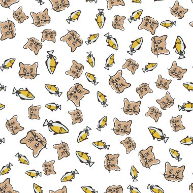 Çizgi film kedinin yüzleri ve balık ile Seamless Modeli