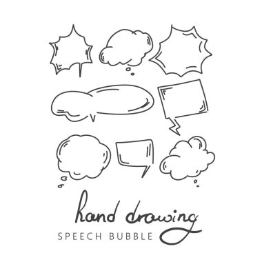 Elle çizilmiş kümesi ve sürekli konuşma balonları mesaj ve iletişim sözler için. Doodle tarzı çizgi roman balon, bulut, kalp şekli tasarım öğeleri. İzole vektör.